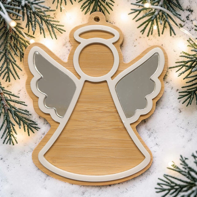 Bamboo & Acrylic Angel With Silver Wings Christmas Tree Decoration