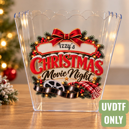 Custom Christmas Movie Night Popcorn Tub Bow Design UVDTF