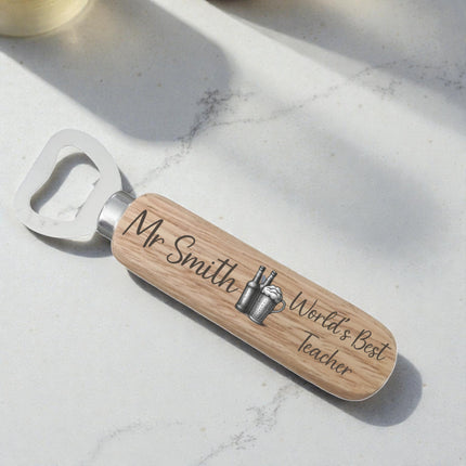 Engraved World's Best Teacher Wooden Handle Bottle Opener