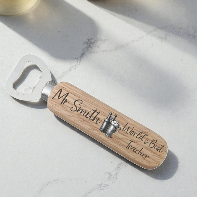 Engraved World's Best Teacher Wooden Handle Bottle Opener