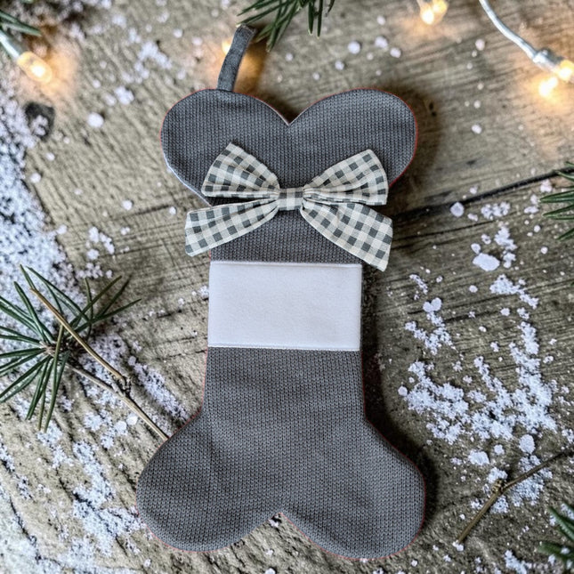 Pet Christmas Stocking Grey Bone With Bow