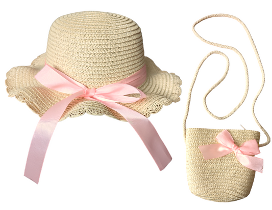 Girls Straw Hat & Matching Bag With Light Pink Bow