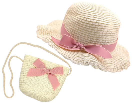 Girls Light Straw Hat & Matching Bag With Pink Bow