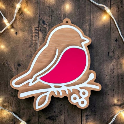 Bamboo & Acrylic Robin With Mirror Red Chest Christmas Tree Decoration
