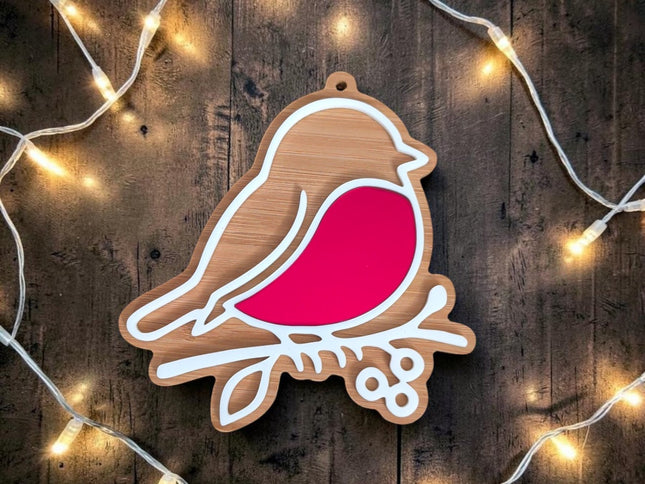 Bamboo & Acrylic Robin With Mirror Red Chest Christmas Tree Decoration