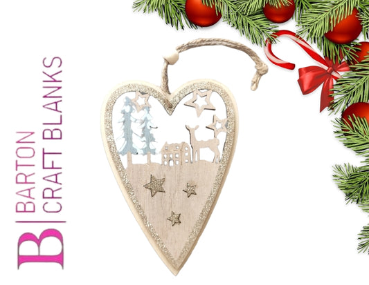 Wooden Christmas Scene Heart Decoration