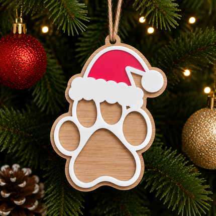 Bamboo & Acrylic Pet Paw Print With Red Hat Christmas Tree Decoration