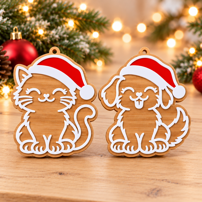 Bamboo & Acrylic Cat And Dog With Christmas Tree Decoration