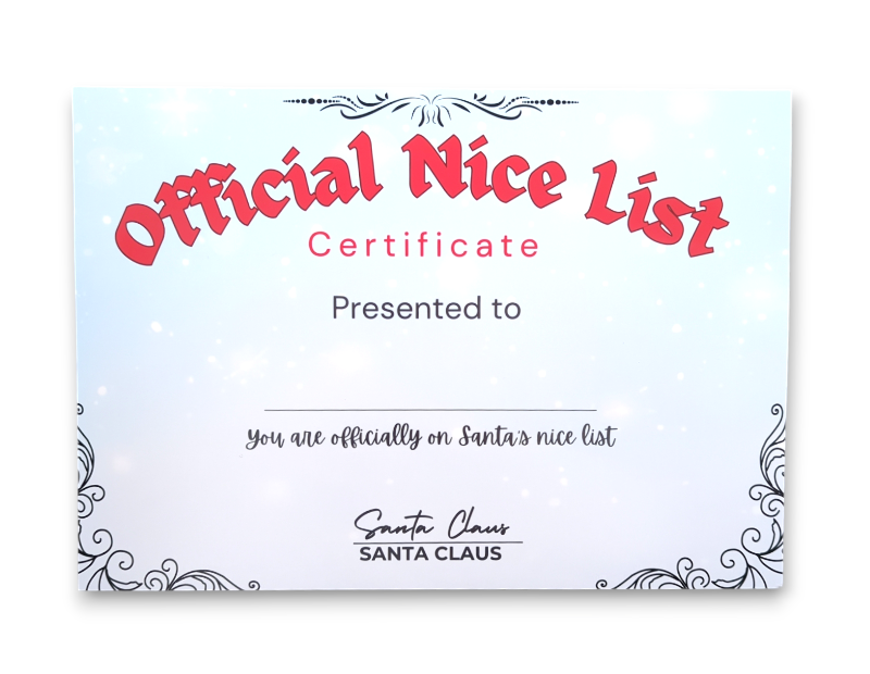 Nice List Christmas Certificate Snowflake design Barton Craft Blanks Ltd