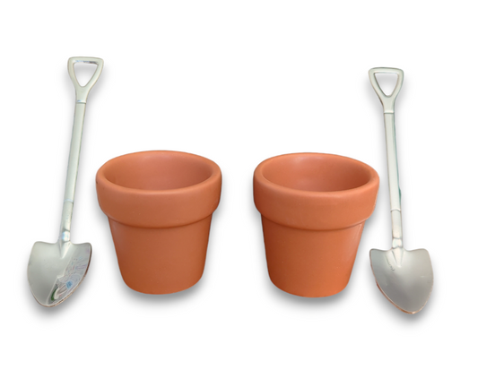 Set of 2 Plant Pot Egg Cups With Shovel Spoons