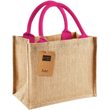 Jute Mini Gift Bag Natural With Fuchsia Handles (W412)