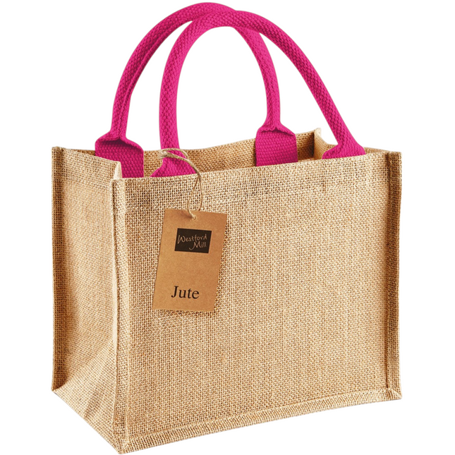 Jute Mini Gift Bag Natural With Fuchsia Handles (W412)