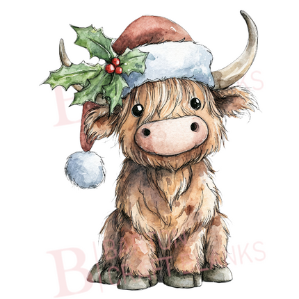 Christmas Highland Cow In Hat UVDTF