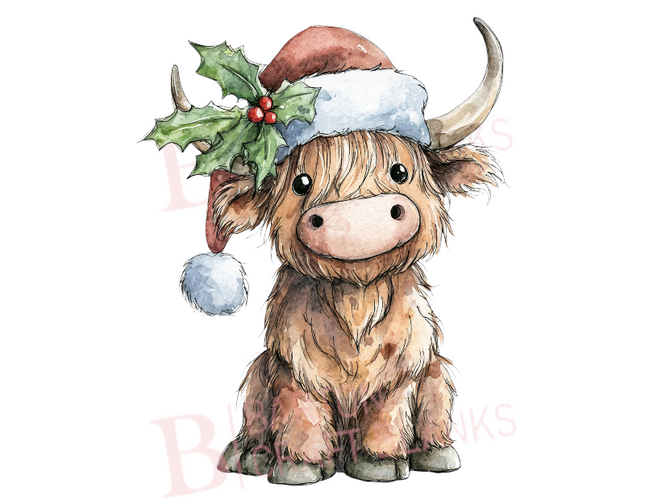 Christmas Highland Cow In Hat UVDTF