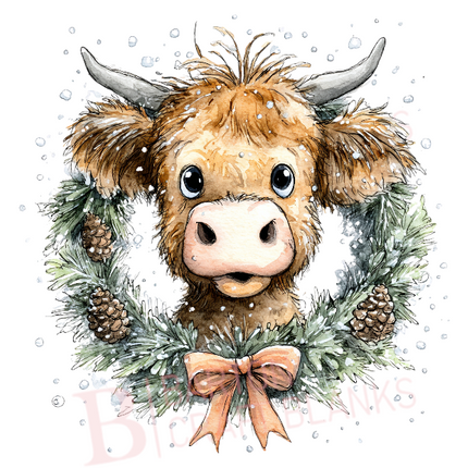 Christmas Highland Cow With Wreath UVDTF