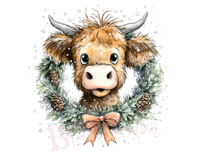 Christmas Highland Cow With Wreath UVDTF